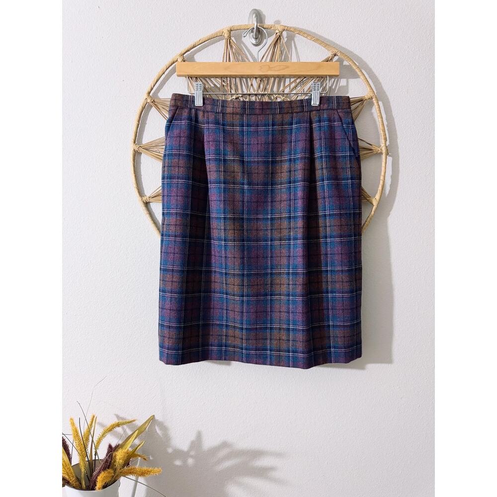 Vintage 90s Pendleton Plaid Wool Skirt w/ Pockets Blue Purple Petites Sz 14P